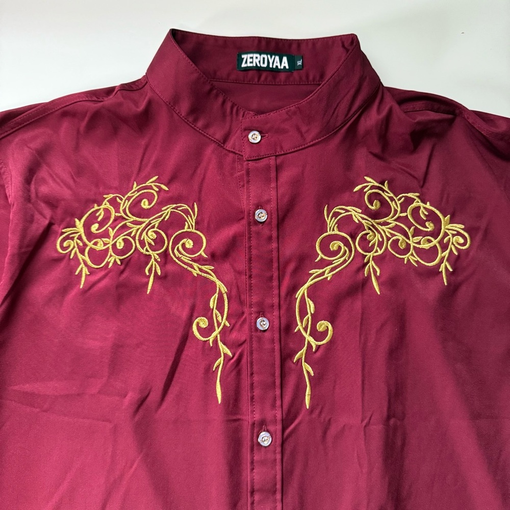 Burgundy Shirt Gold Embroidery Zeroyaa Mens XLarge XL red button down NWT NEW
